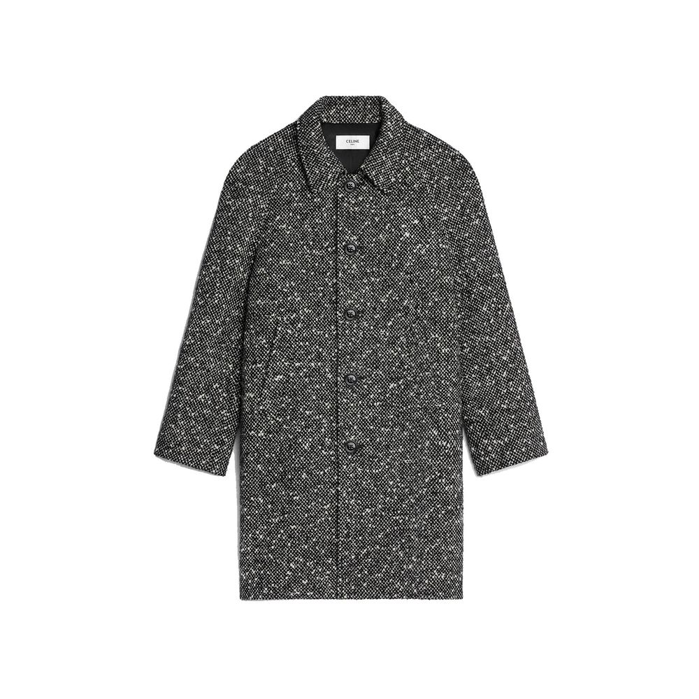 Manteau en mohair gris de Celine, coupe élégante, porté sur un mannequin avec col large et finition douce.
