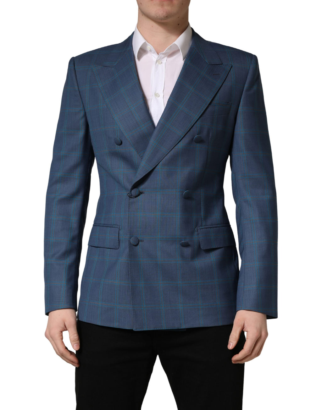 Costume homme Dolce & Gabbana à carreaux bleus, veste double boutonnage élégante et sophistiquée.