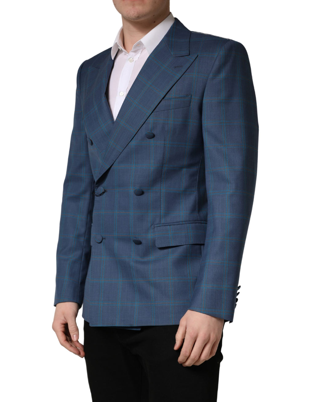Costume homme Dolce & Gabbana à carreaux bleus, veste double boutonnage élégante et adaptée pour occasions formelles.