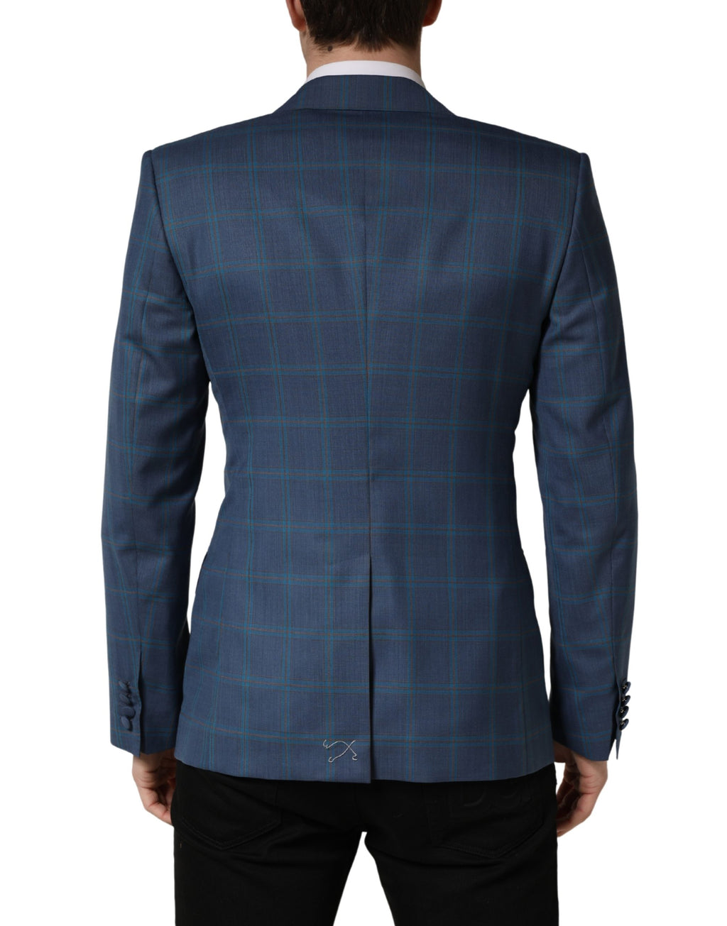 Costume pour homme Dolce & Gabbana à carreaux bleus, veste croisée à double boutonnage, style élégant et sophistiqué.