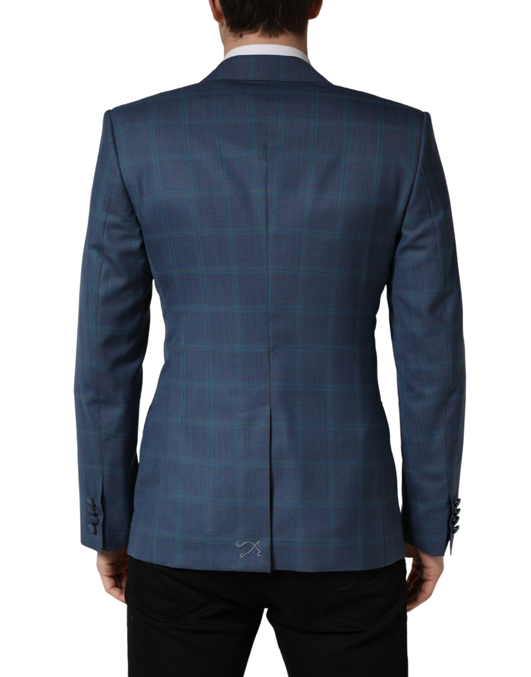 Costume pour homme Dolce & Gabbana à carreaux bleus, veste croisée à double boutonnage, style élégant et sophistiqué.