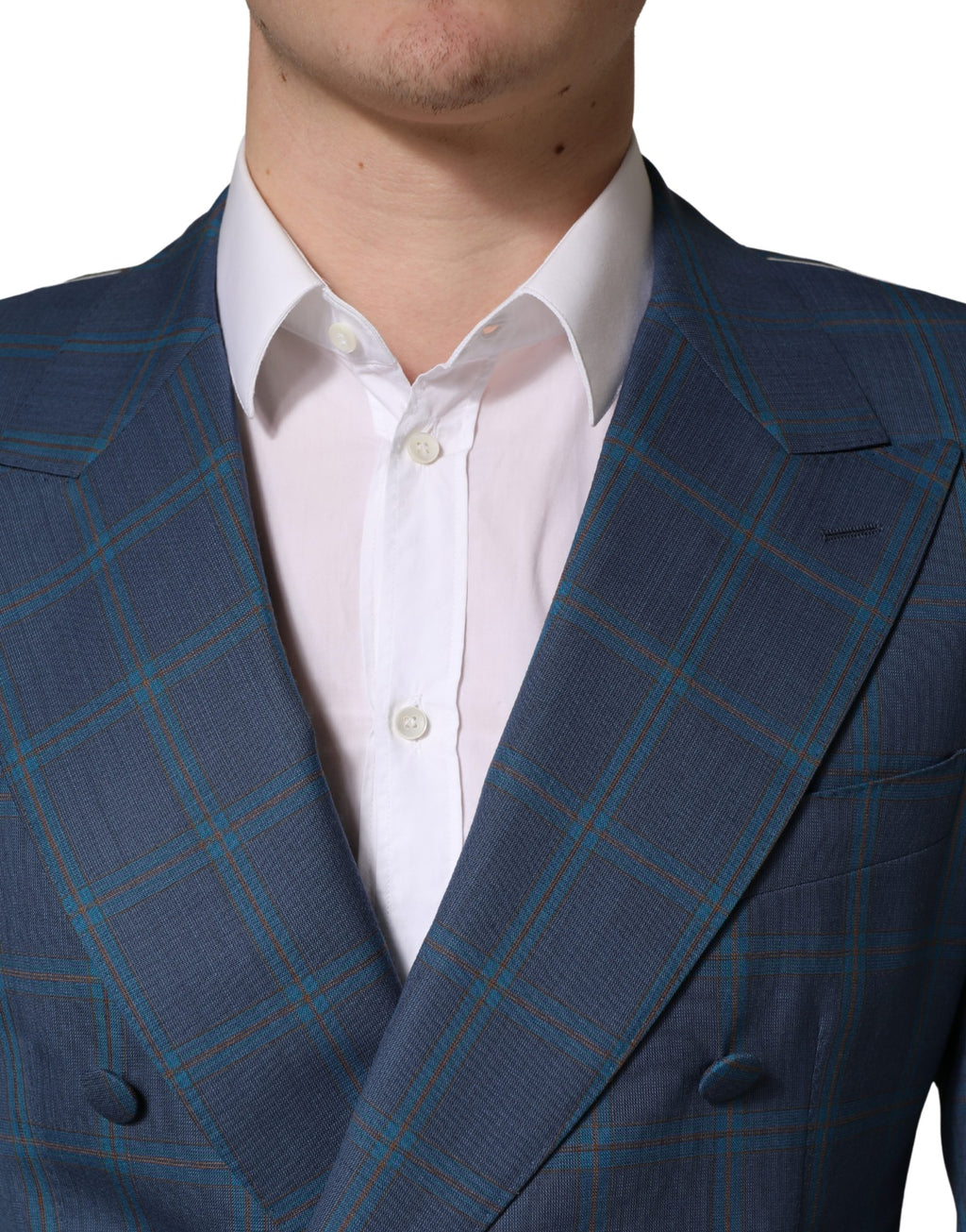 Costume homme Dolce & Gabbana à carreaux bleus, veste à double boutonnage élégante et sophistiquée.
