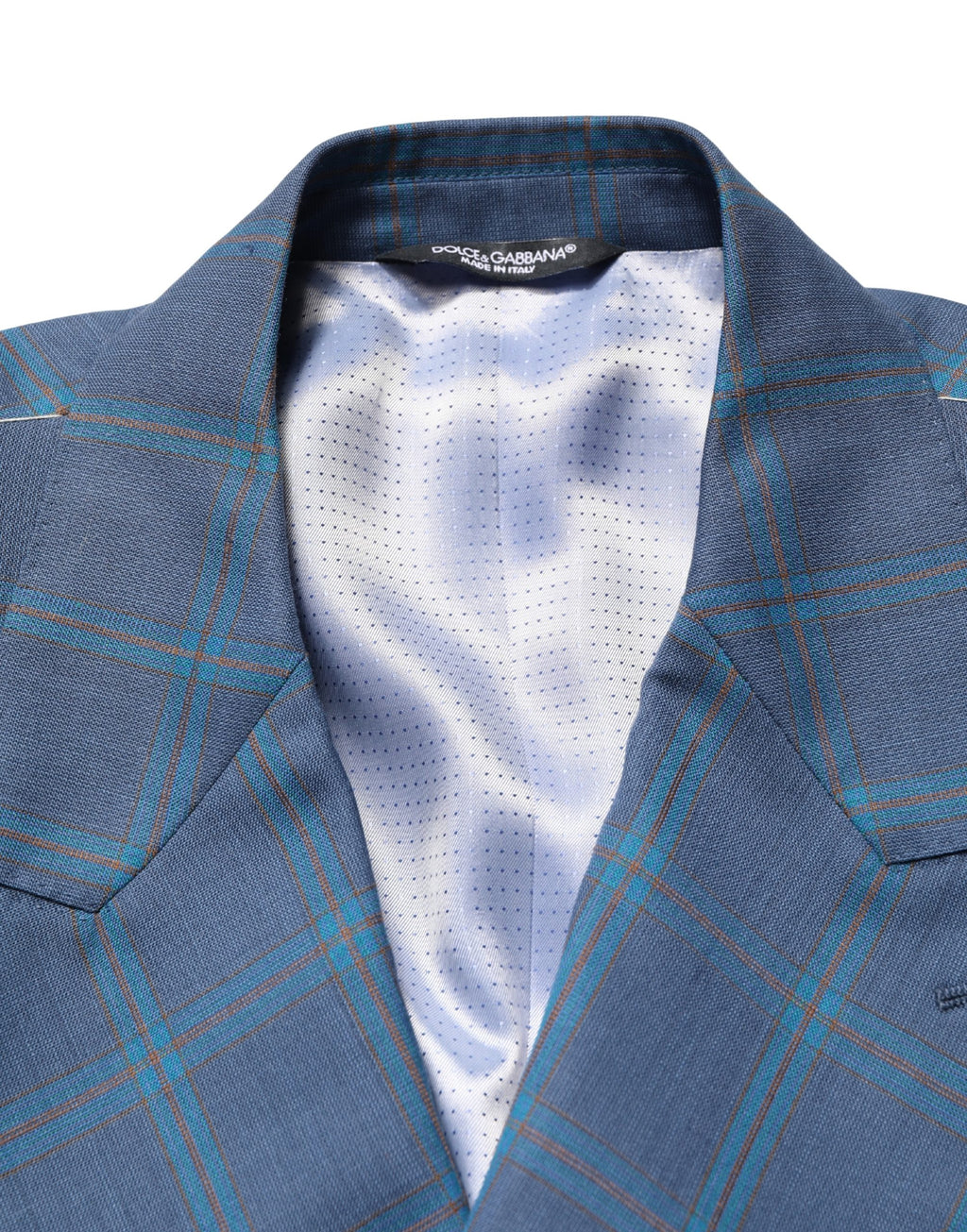 Costume homme Dolce & Gabbana à carreaux bleus, veste à double boutonnage élégante et classique.