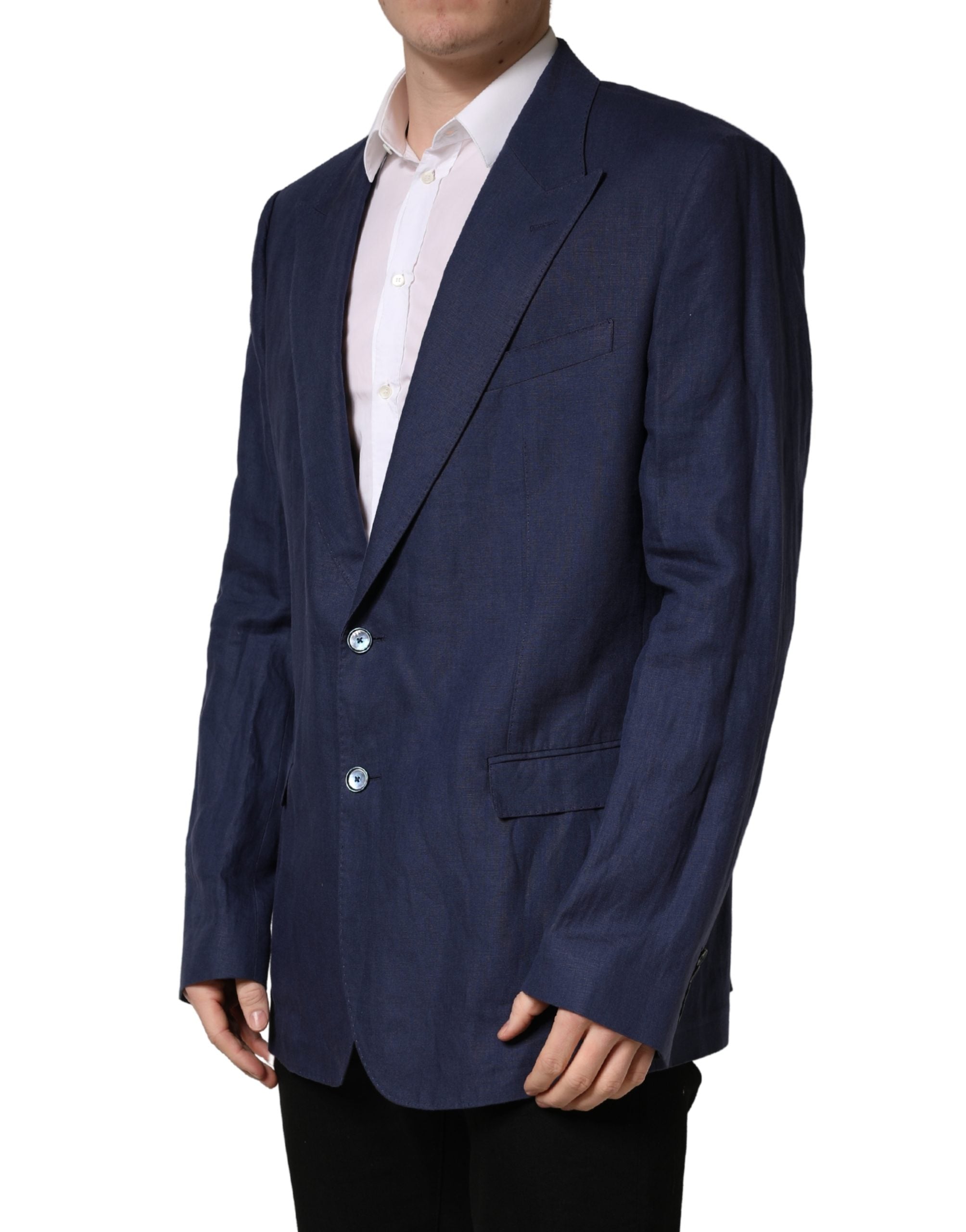 Veste de costume bleue Dolce & Gabbana à deux boutons, coupe simple, en tissu élégant, vue de face.
