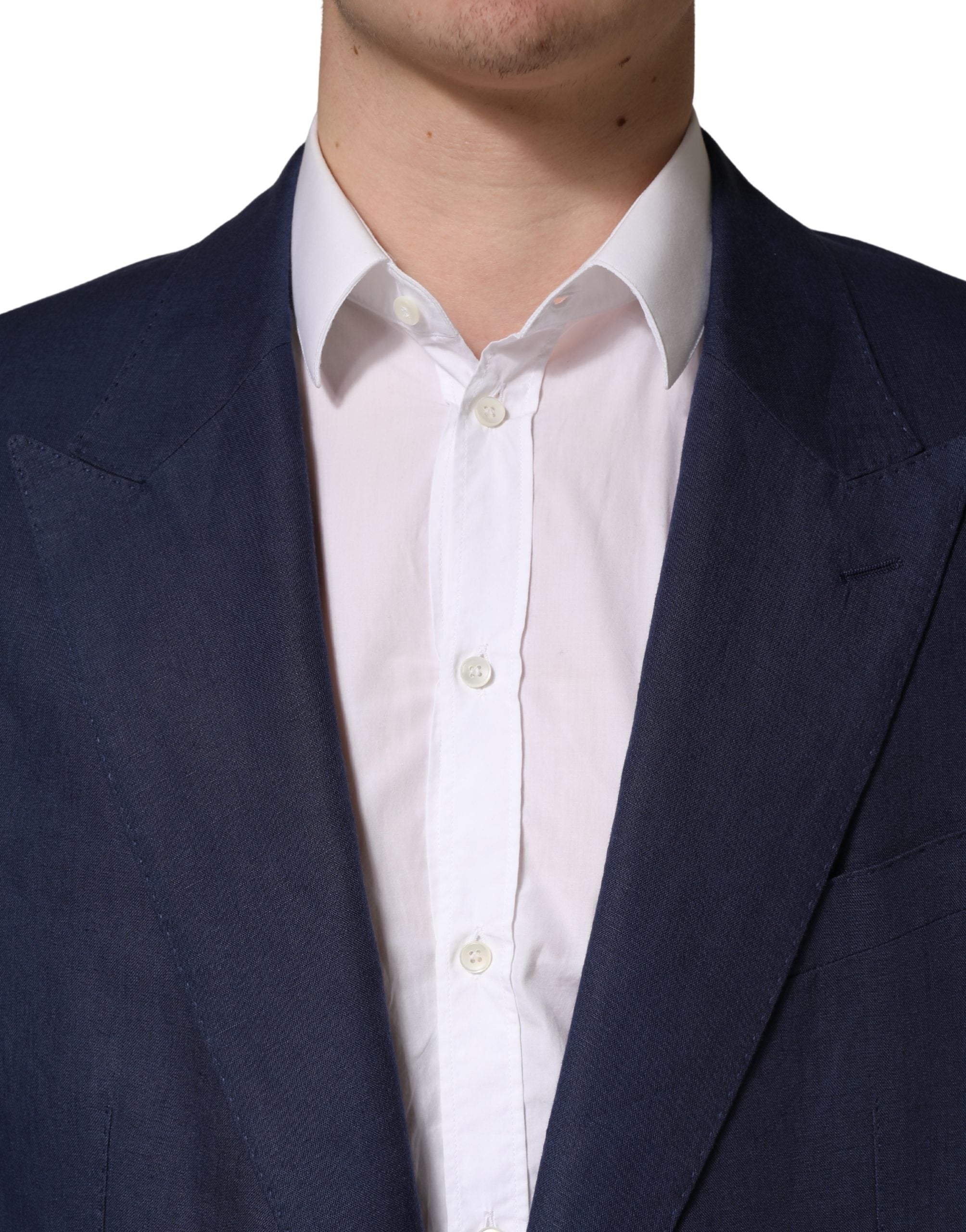 Veste de costume bleue Dolce & Gabbana à deux boutons, blazer homme élégant avec revers classiques et coupe ajustée.