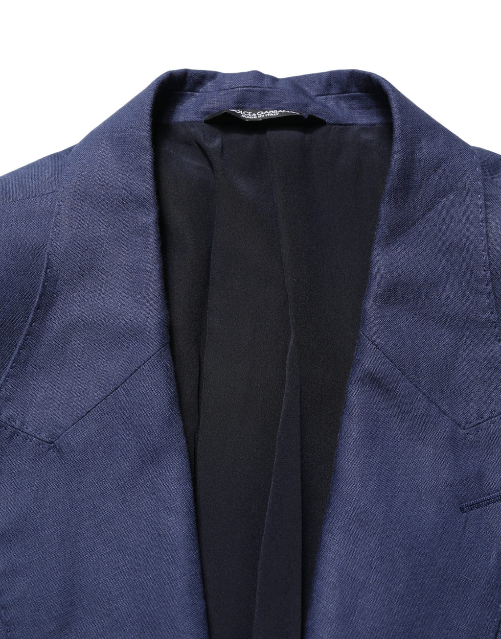 Veste de costume homme Dolce & Gabbana bleue à deux boutons, coupe croisée et col classique, vue de face.