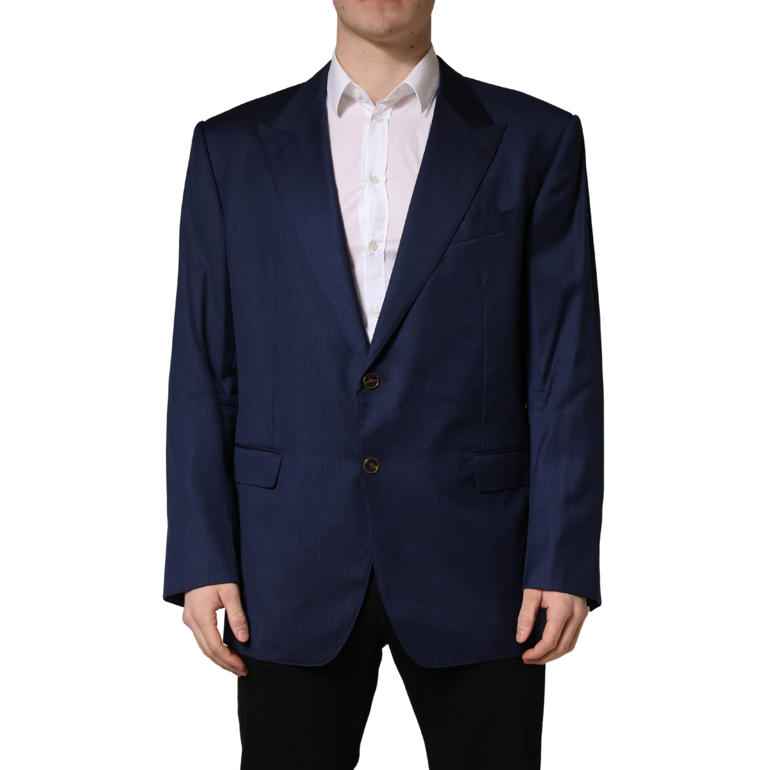 Veste de costume Dolce & Gabbana bleue à double boutonnage et à un seul rang, style élégant et classique.