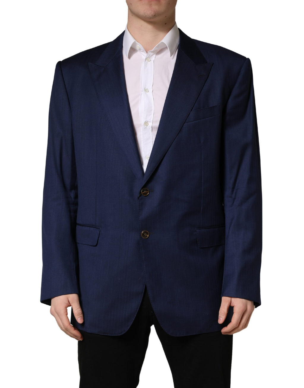 Veste de costume Dolce & Gabbana bleue, à double boutonnage simple, élégante et ajustée, vue de face.