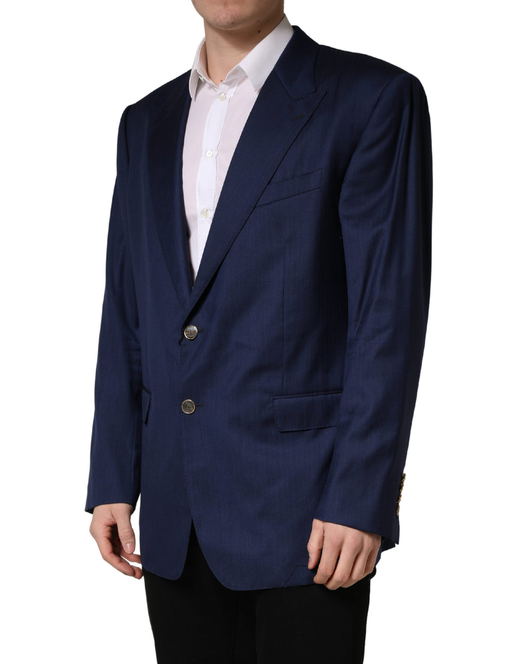 Veste de costume bleue Dolce & Gabbana à double boutonnage simple, élégante et sophistiquée, vue de face.