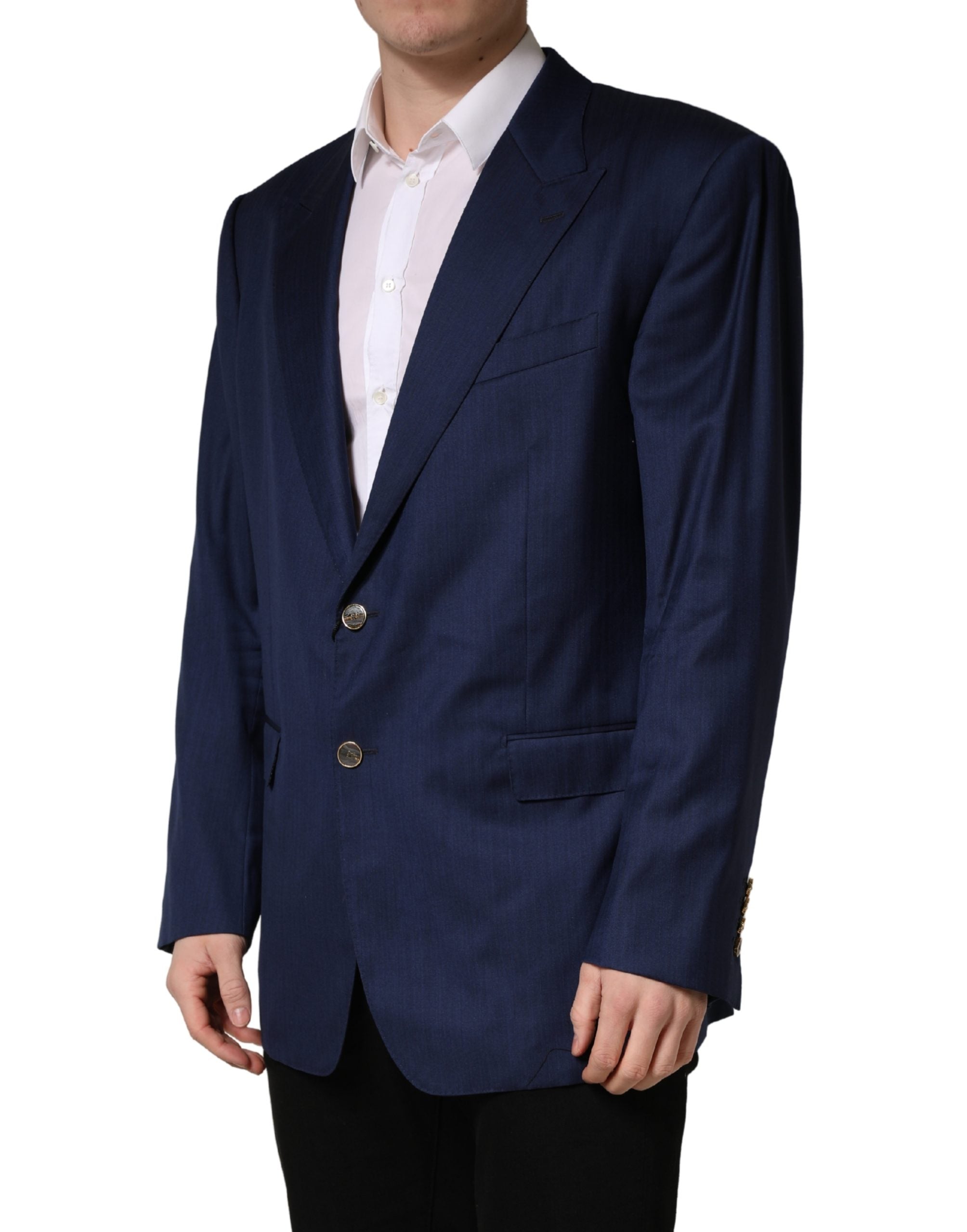 Veste de costume bleue Dolce & Gabbana à double boutonnage simple, élégante et sophistiquée, vue de face.