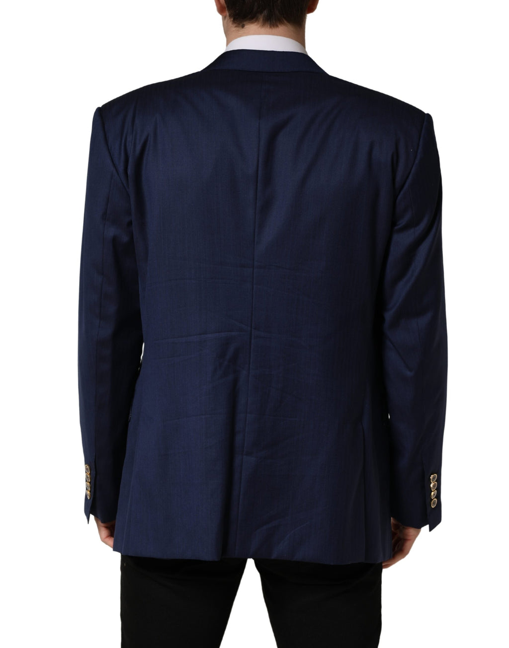 Veste de costume bleue Dolce & Gabbana à deux boutons, coupe croisée simple, en tissu élégant et sophistiqué.