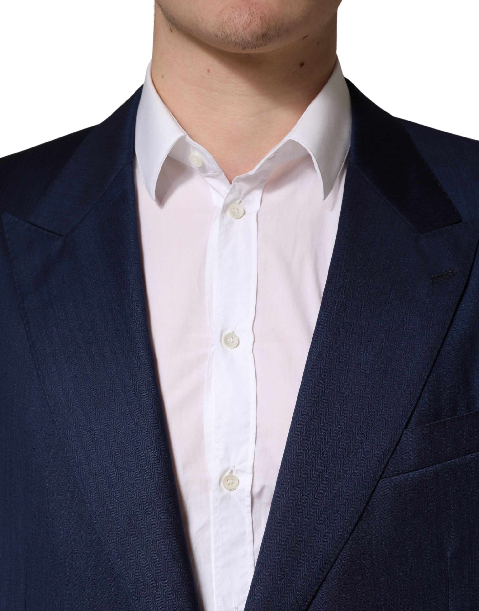 Veste de costume bleue Dolce & Gabbana à double boutonnage simple, élégante et ajustée pour hommes.