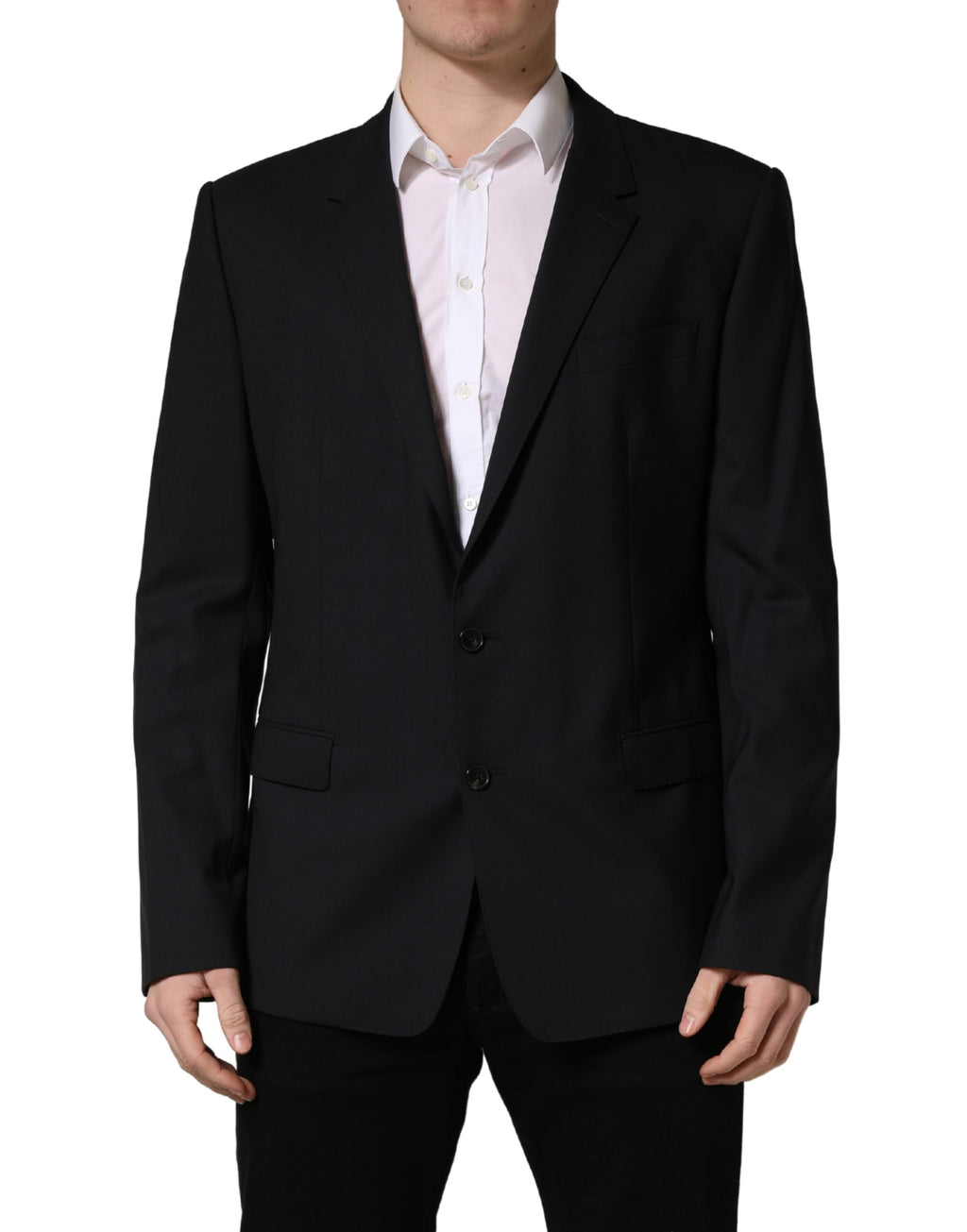 Veste costume bleue Dolce & Gabbana à deux boutons, coupe croisée simple, en tissu élégant, vue de face sur mannequin.