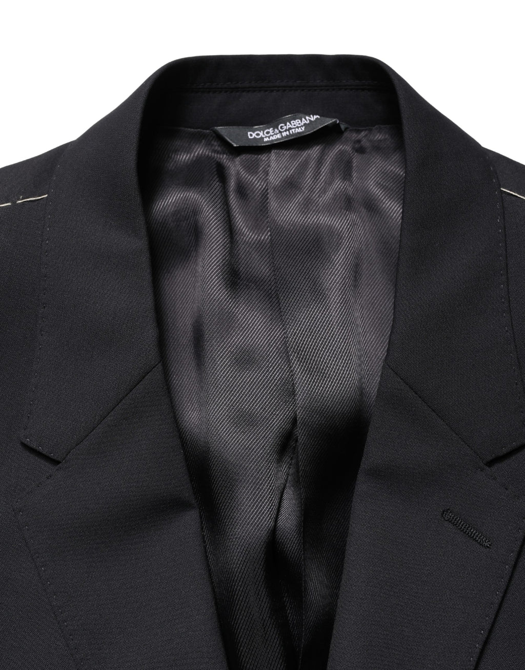 Costume bleu Dolce & Gabbana, veste à deux boutons et coupe simple, vue de face sur mannequin.