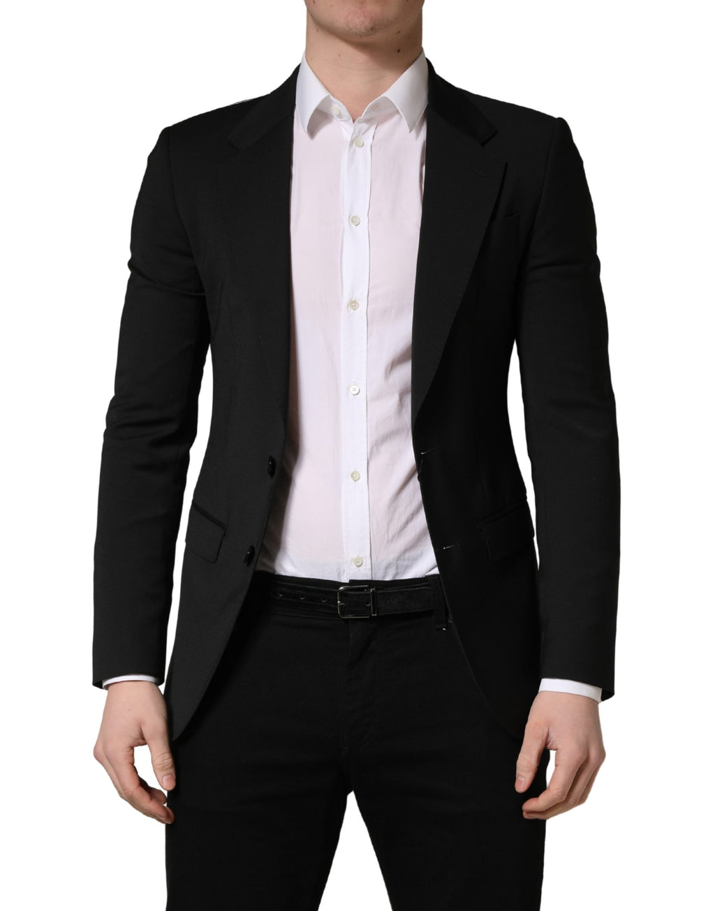 Veste homme Dolce & Gabbana en polyester noir avec deux boutons, élégante et ajustée pour un style sophistiqué.