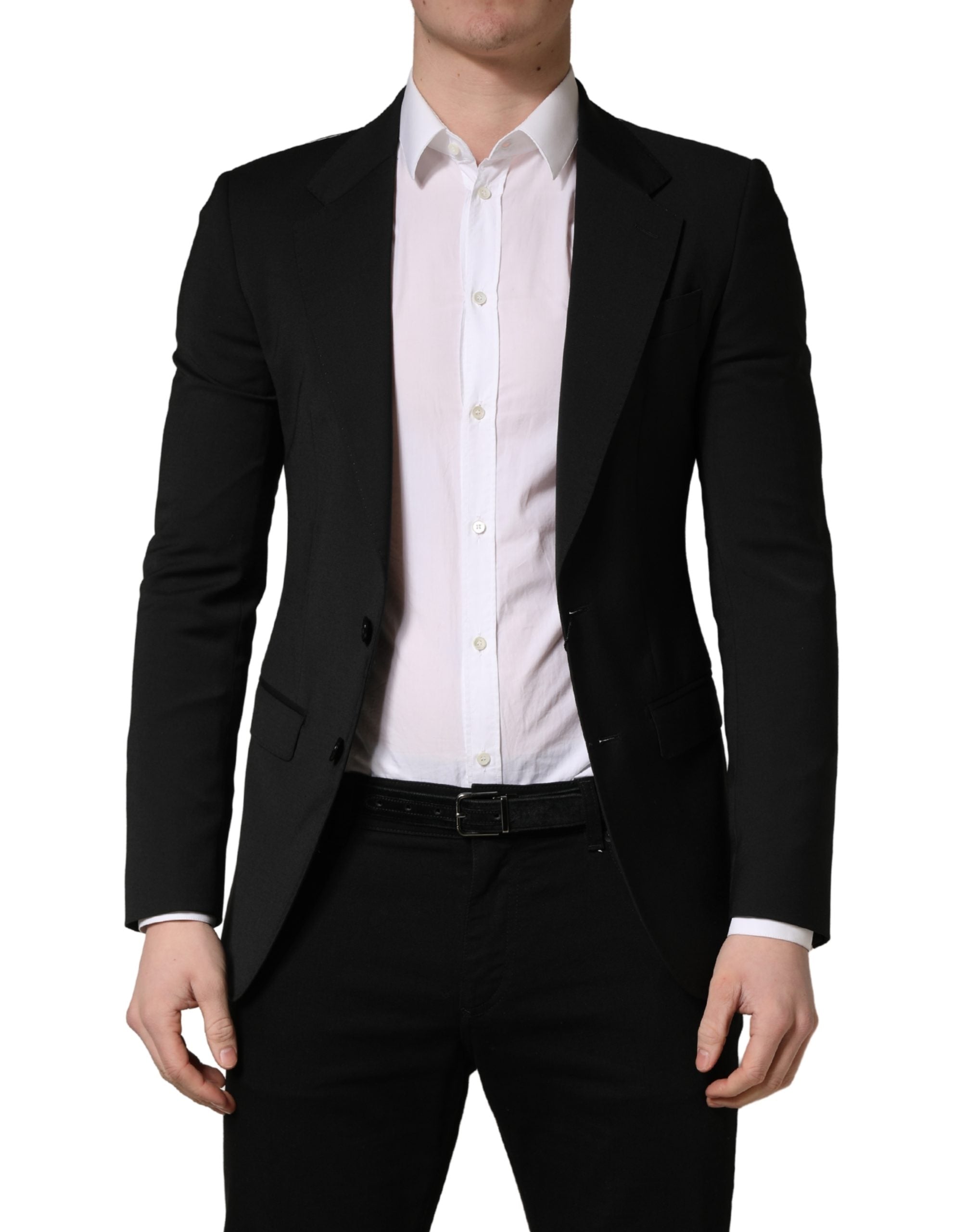 Veste homme Dolce & Gabbana en polyester noir avec deux boutons, élégante et ajustée pour un style sophistiqué.