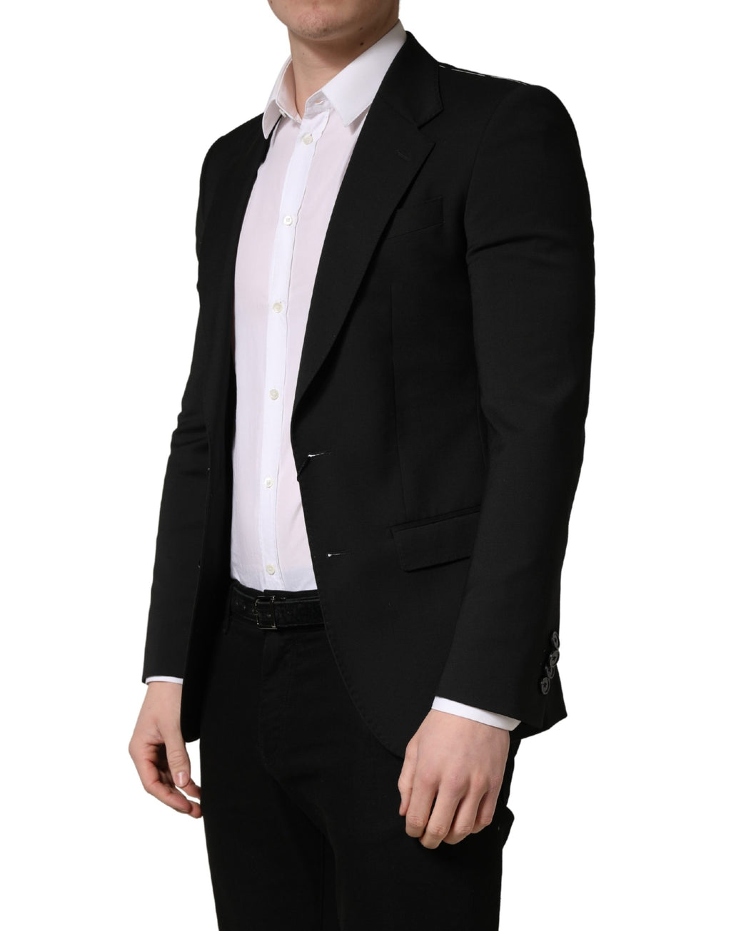 Costume pour homme Dolce & Gabbana en polyester noir avec deux boutons, veste élégante à la coupe classique.