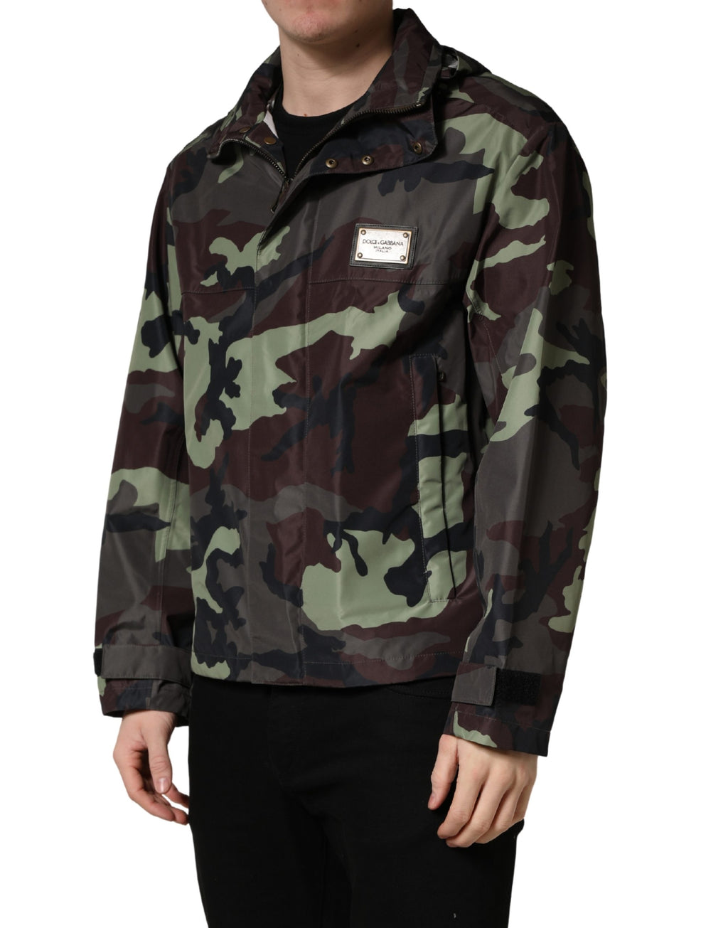 Veste bomber à capuche camouflage multicolore de Dolce & Gabbana, style tendance avec motif coloré.