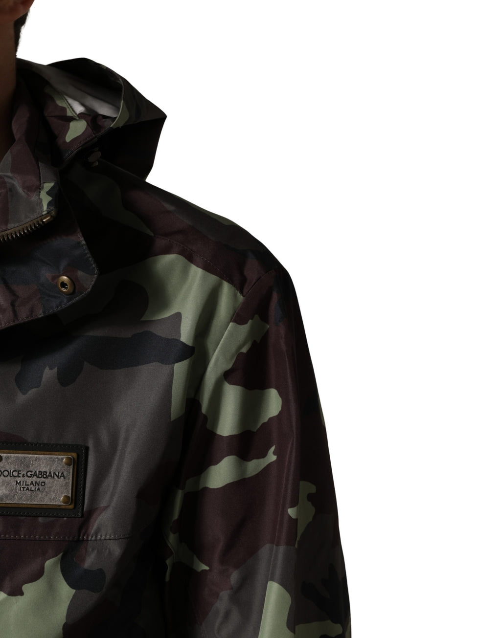 Veste bomber camouflage multicolore avec capuche de Dolce & Gabbana, style urbain et mode tendance.