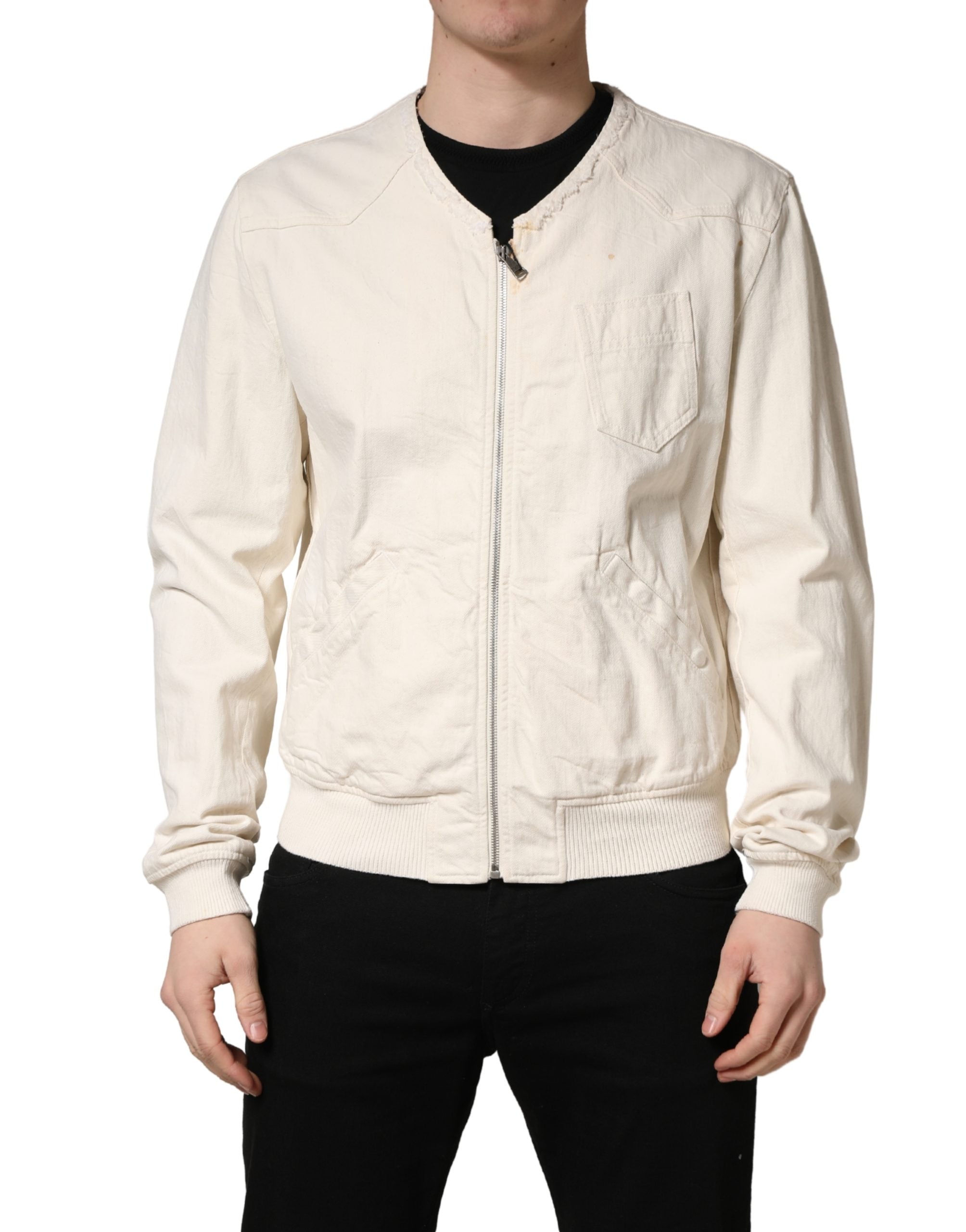 Veste blouson en denim blanc cassé Dolce & Gabbana en coton avec fermeture éclair complète, détails de style décontracté.