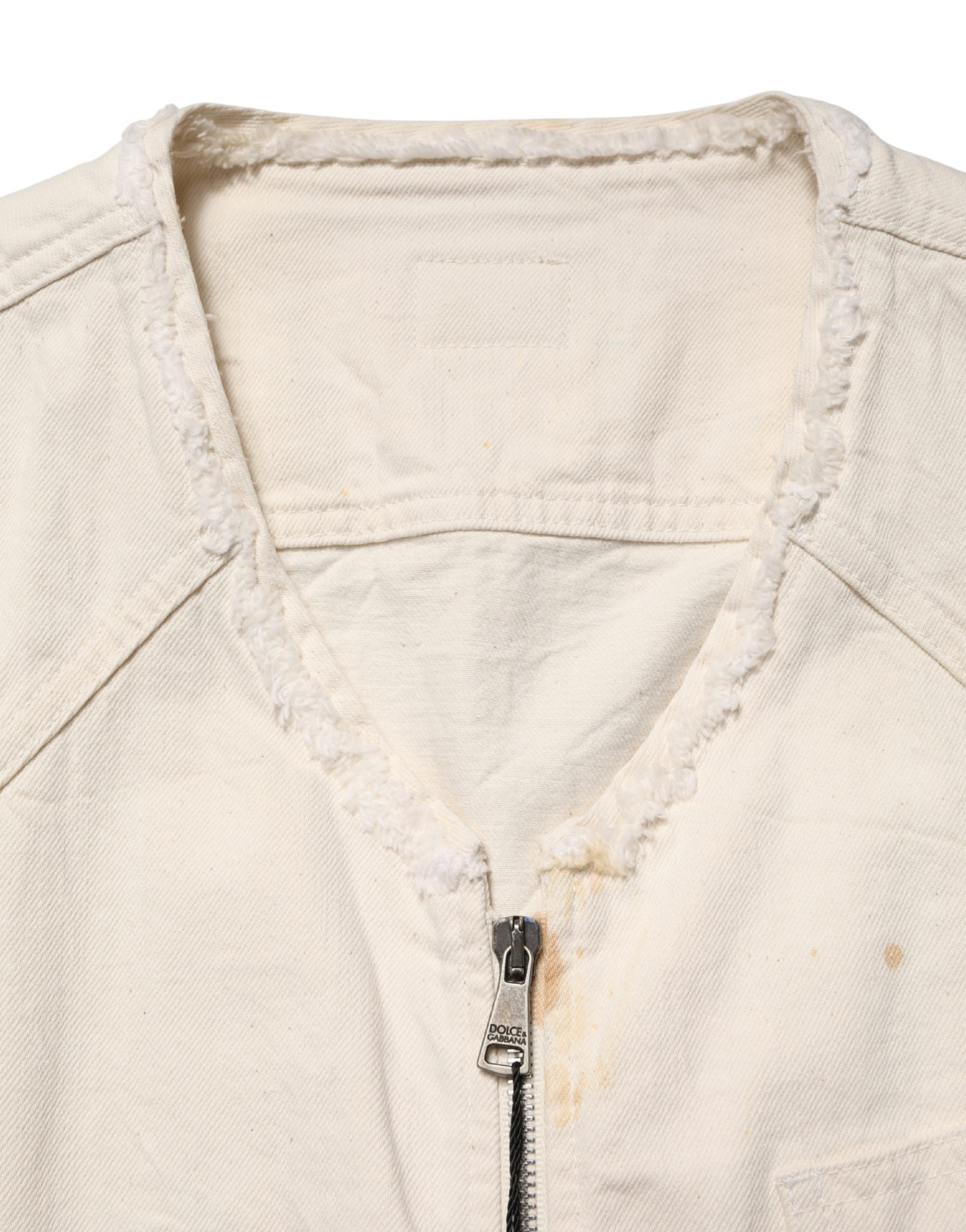 Veste blouson en denim blanc avec fermeture éclair complète de Dolce & Gabbana, en coton, style décontracté.