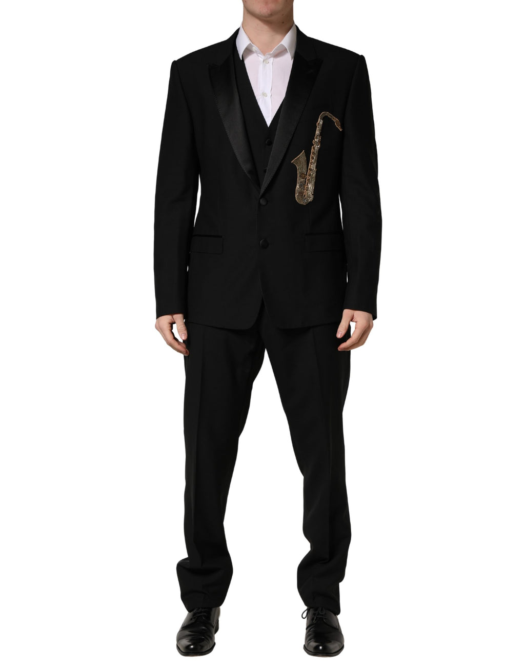 Costume slim en laine et soie noire Dolce & Gabbana avec veste, pantalon et veste, parfait pour une tenue élégante.