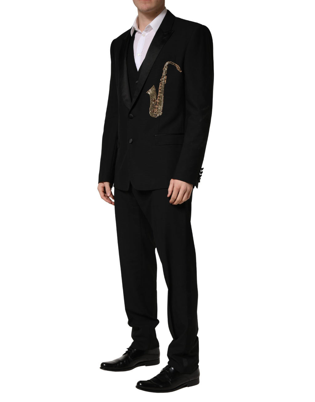 Costume slim en laine et soie noire Dolce & Gabbana, costume 3 pièces pour homme avec veste, pantalon et gilet élégants.