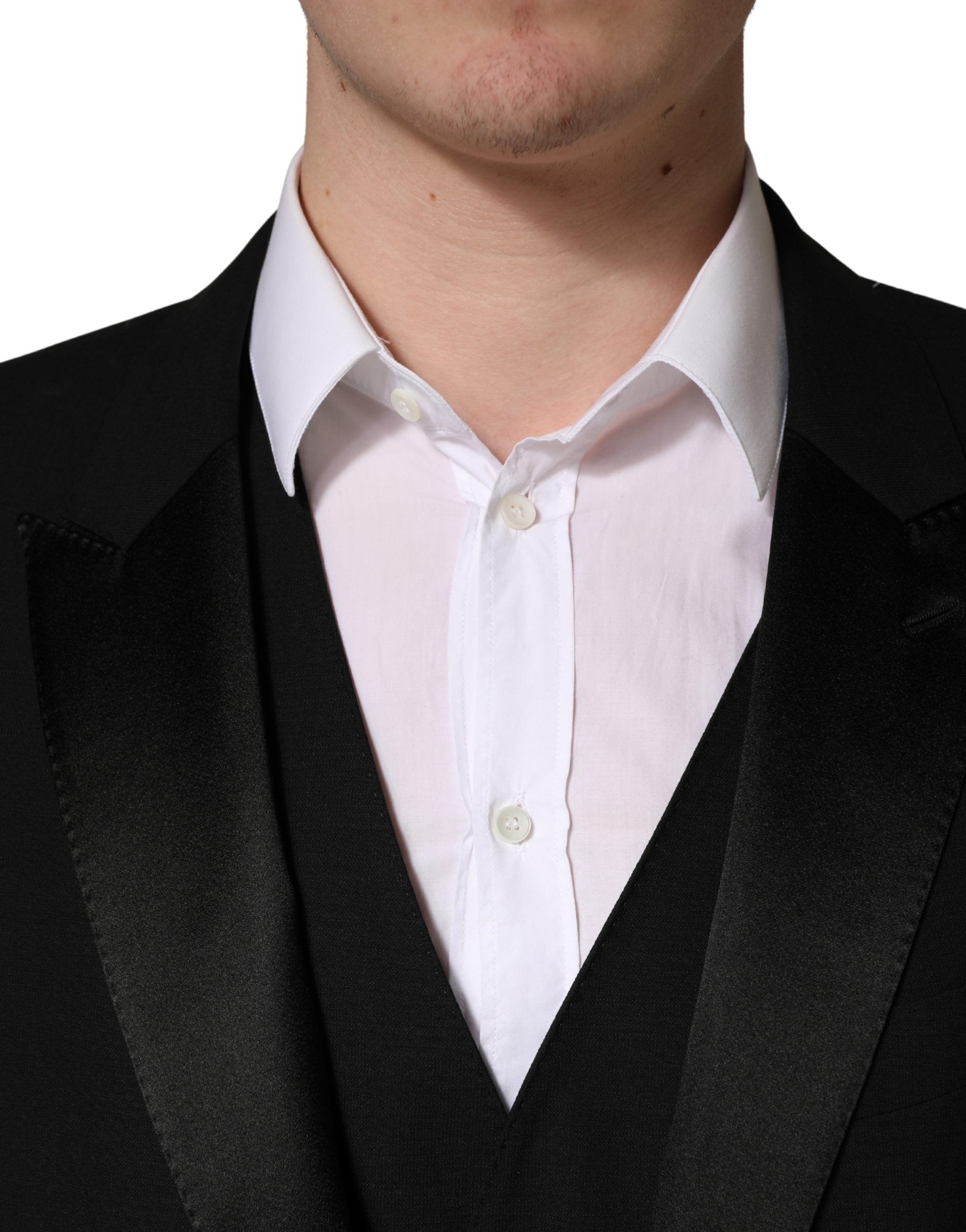 Costume trois pièces en laine et soie noir Dolce & Gabbana, costume slim fit avec veste, pantalon et gilet.