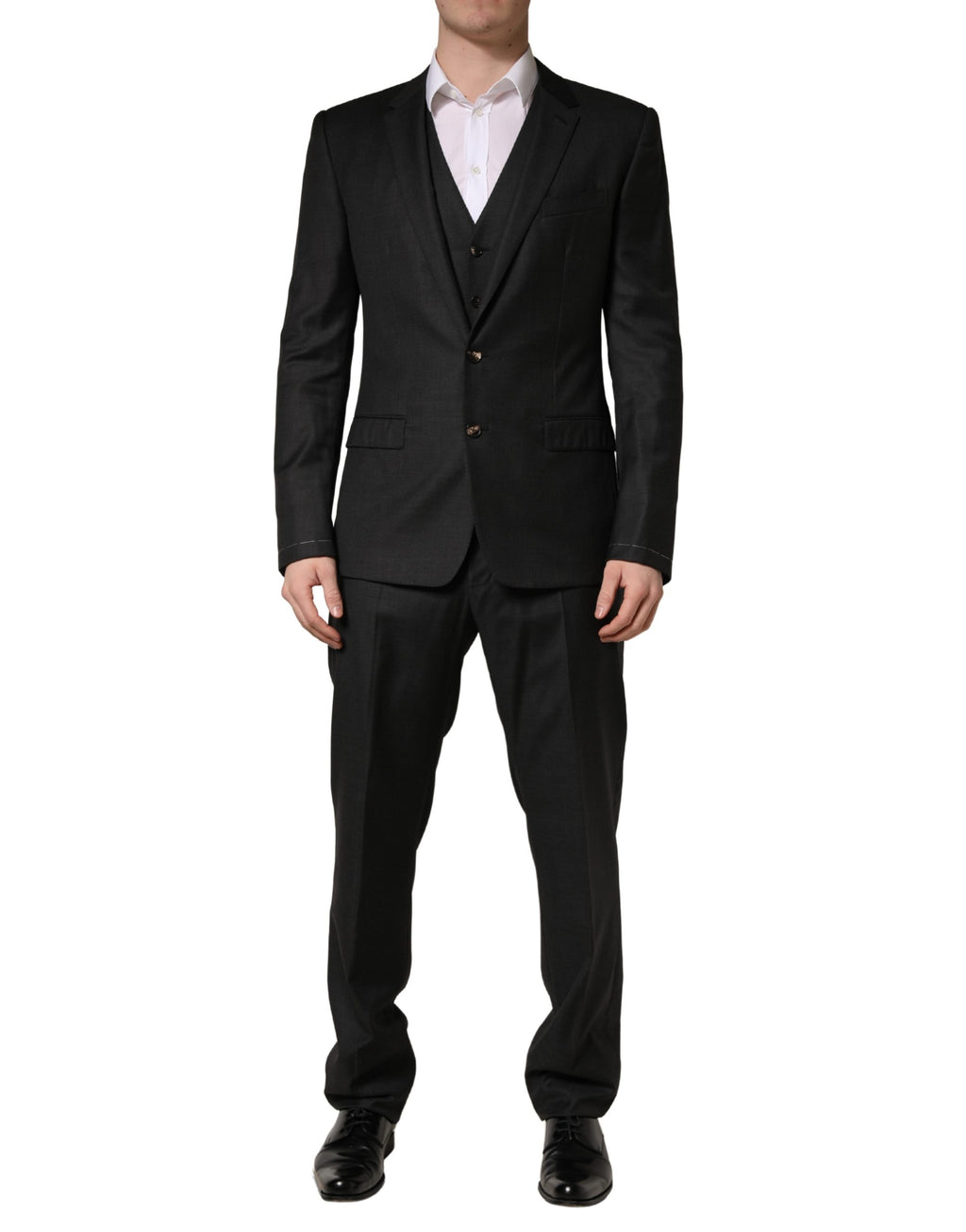 Costume homme noir en laine Dolce & Gabbana, costume trois pièces ajusté pour occasions formelles.