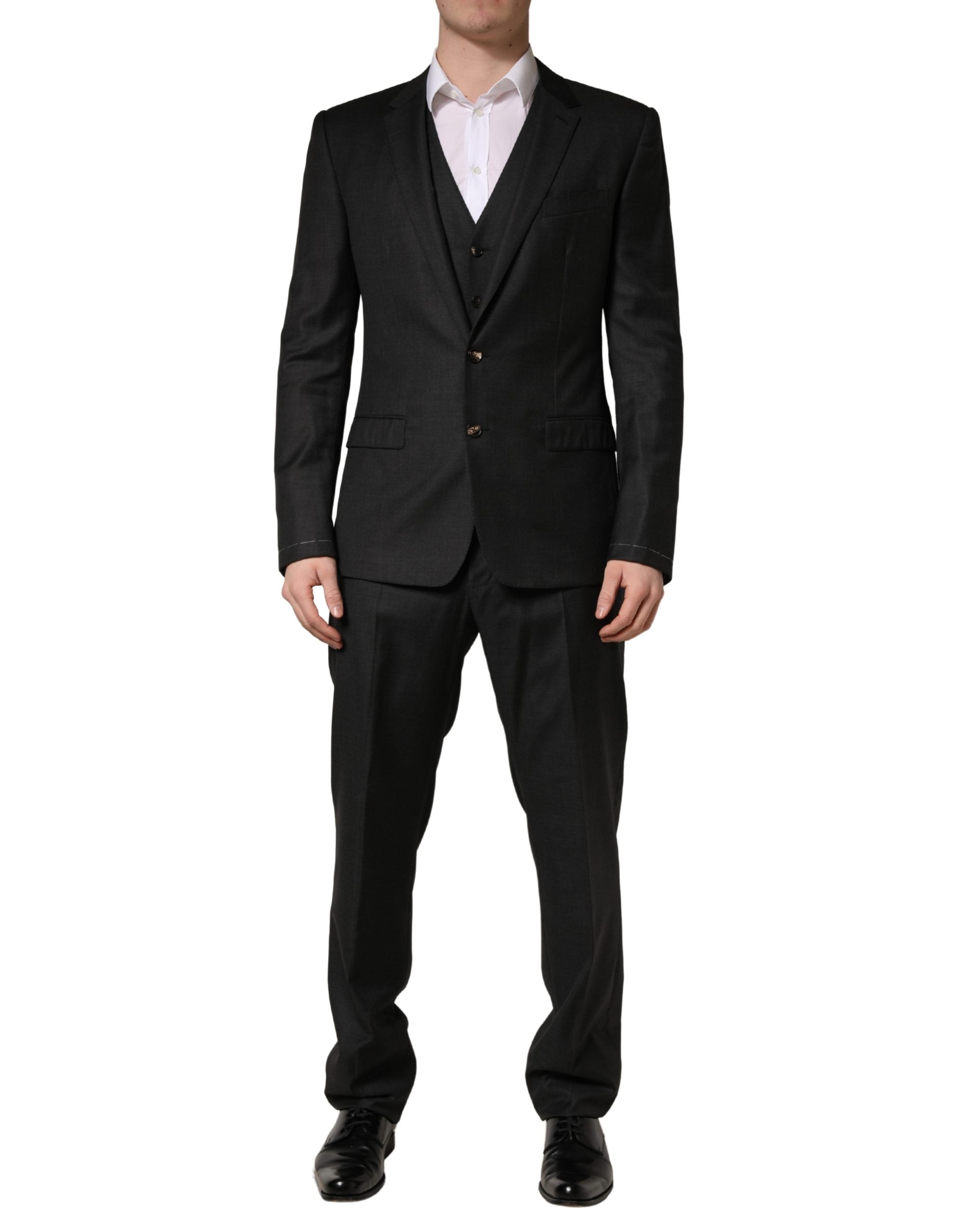 Costume trois pièces noir en laine Dolce & Gabbana pour homme, coupe slim fit, veste, pantalon et gilet élégants.