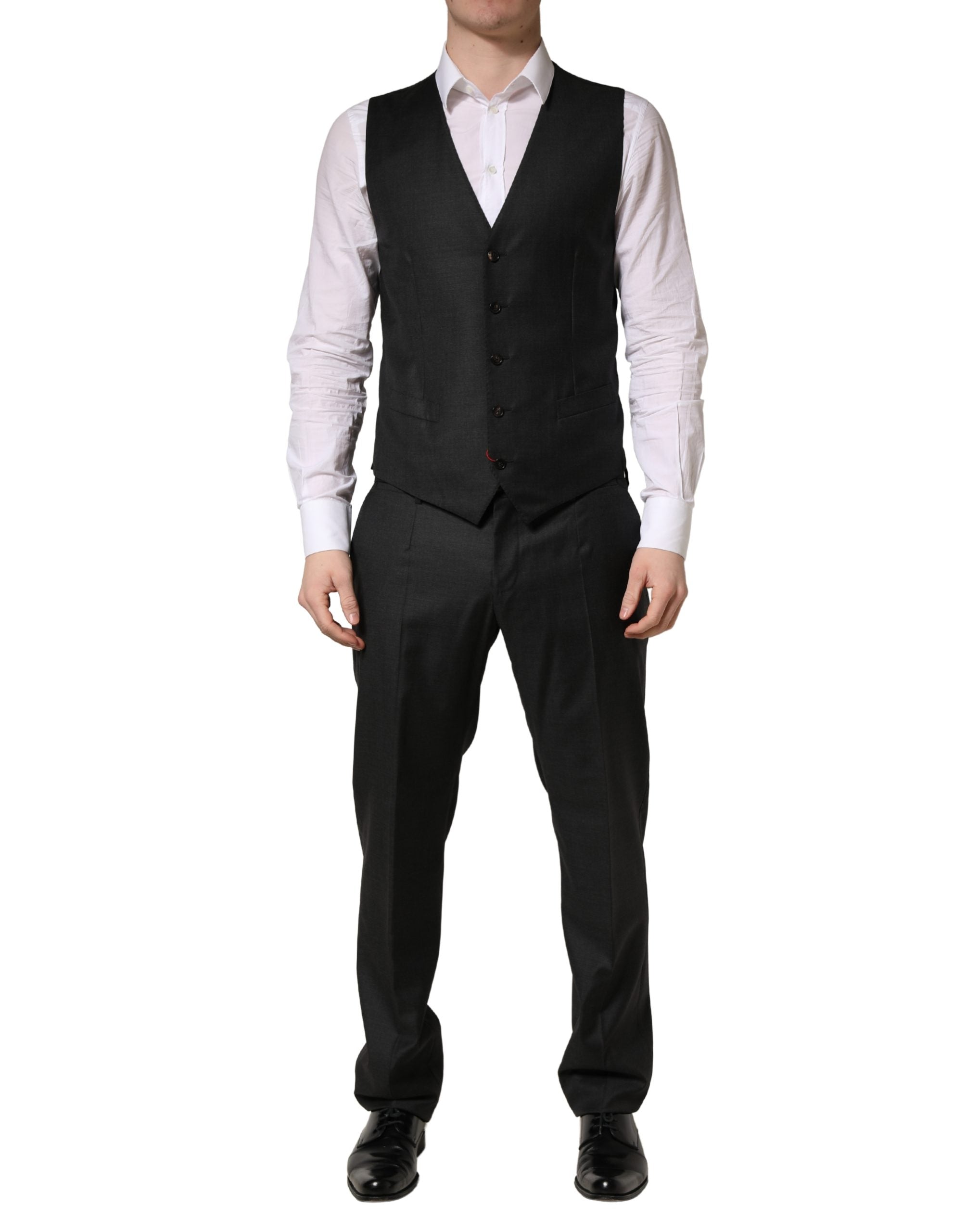 Costume trois pièces homme Dolce & Gabbana en laine noire, coupe slim, élégant et formel.