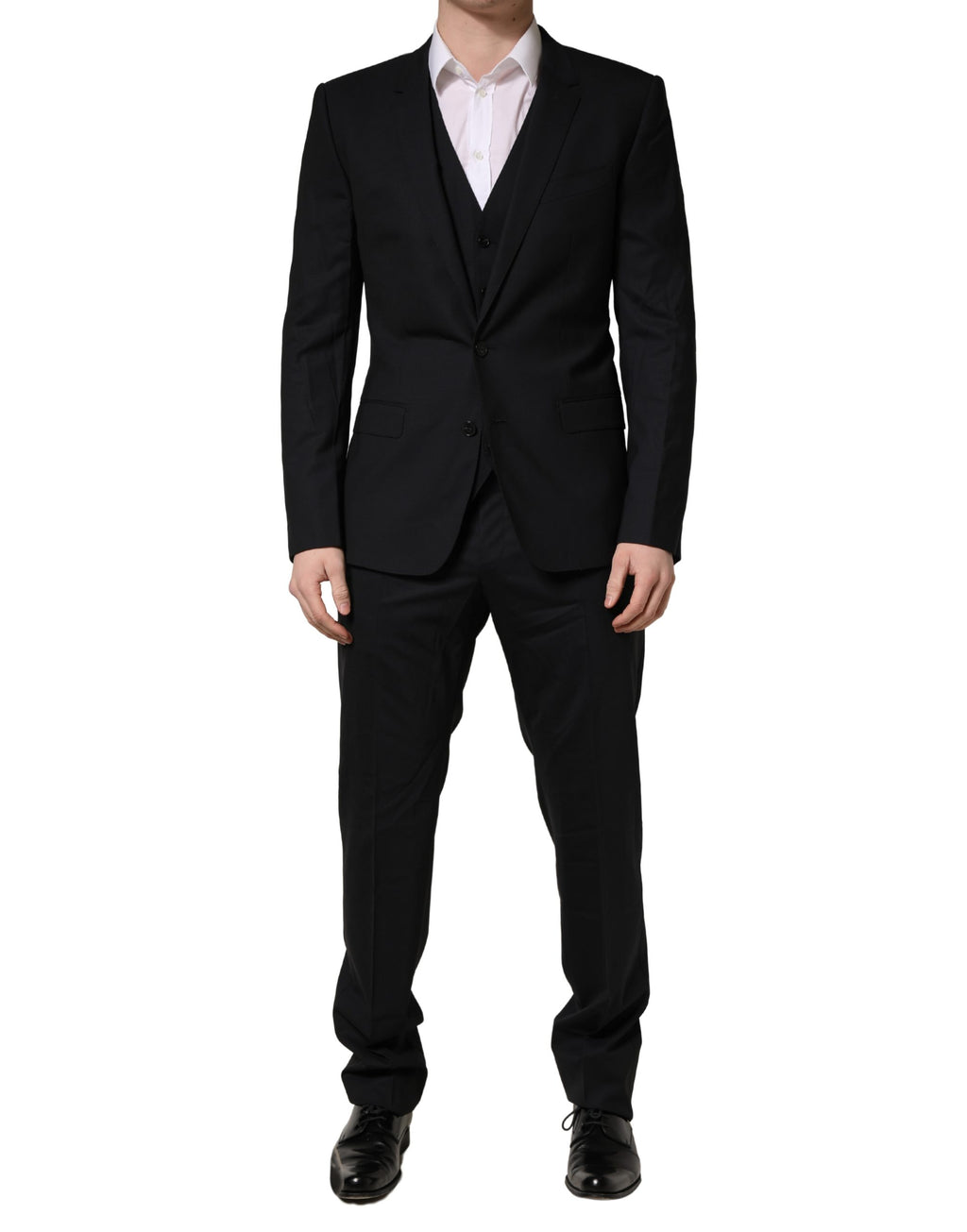 Costume homme Dolce & Gabbana en laine noire à 2 boutons, costume trois pièces formel avec veste, pantalon et gilet.