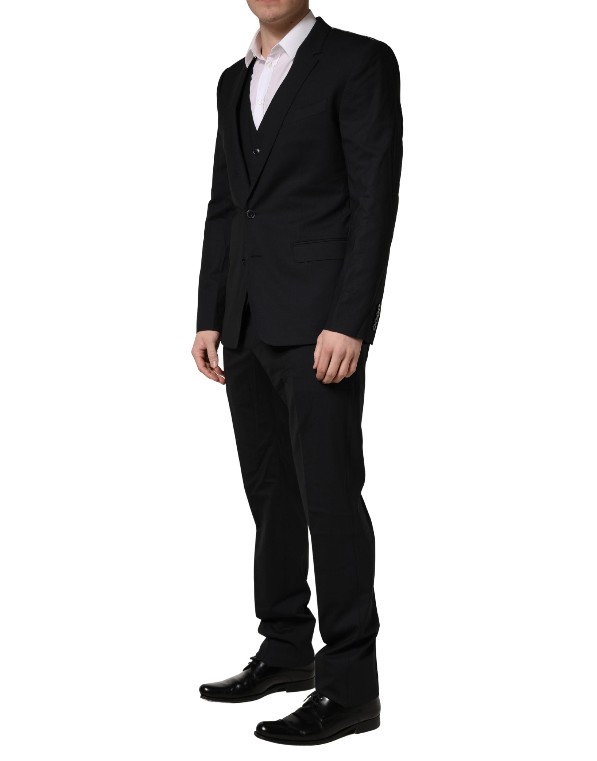 Costume homme noir en laine Dolce & Gabbana à 2 boutons, costume trois pièces élégant et formel avec veste, pantalon et gilet.
