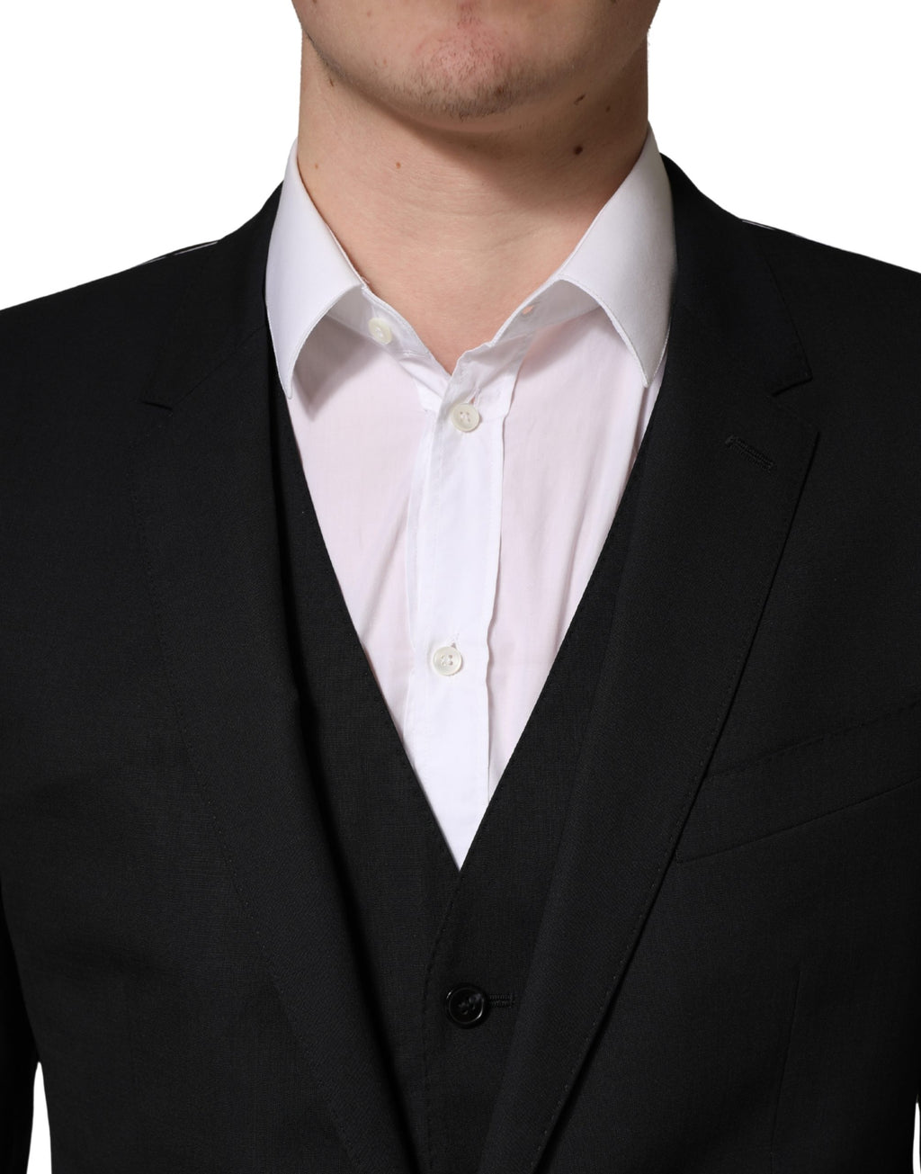 Costume homme Dolce & Gabbana en laine noire à deux boutons, costume trois pièces élégant et formel avec veste, pantalon et gilet.