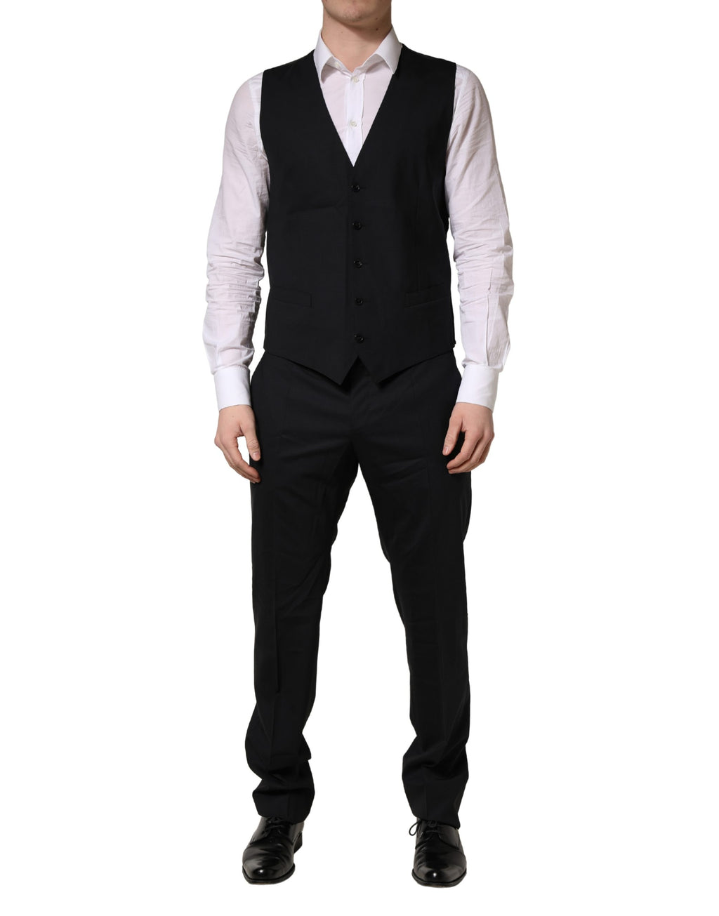 Costume homme formel en laine noire Dolce & Gabbana avec deux boutons, costume trois pièces élégant et sophistiqué.