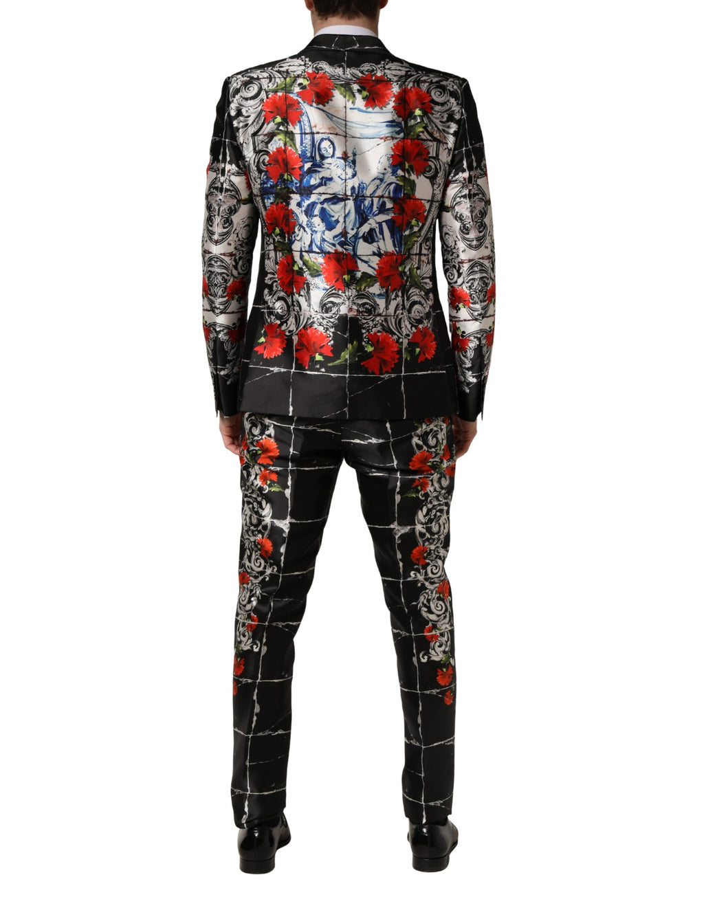 Costume trois pièces noir Dolce & Gabbana avec fleurs, boutons, veste formelle élégante, adapté pour occasions spéciales.