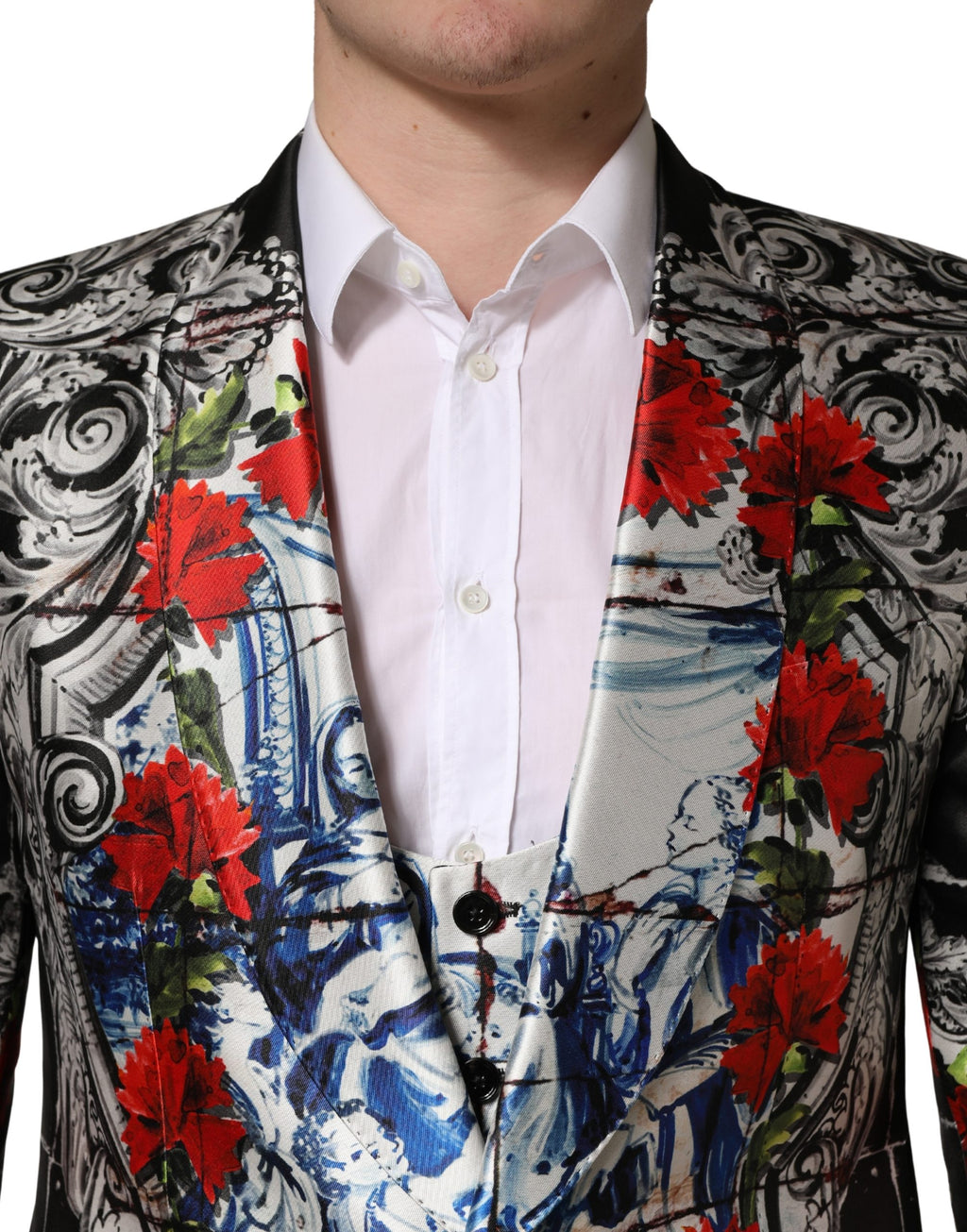 Costume formel 3 pièces Dolce & Gabbana noir à fleurs avec deux boutons, costume élégant pour occasions spéciales