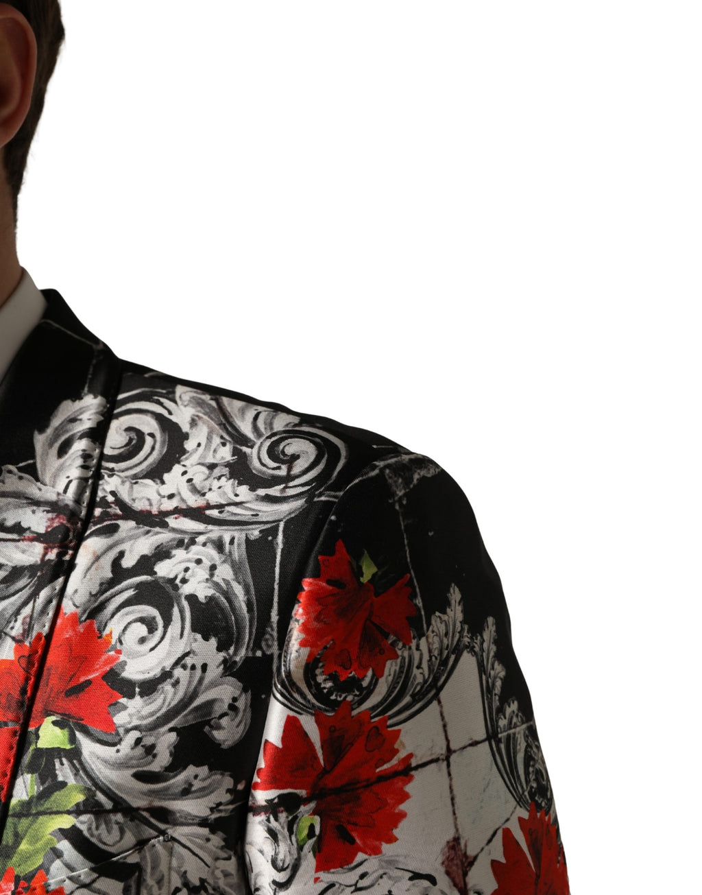 Costume trois pièces Dolce & Gabbana noir à fleurs avec deux boutons, costume formel élégant pour homme.