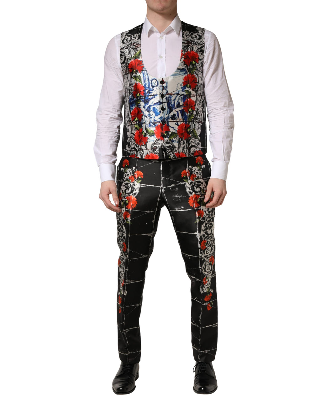 Costume trois pièces noir floral Dolce & Gabbana avec deux boutons formel pour homme, élégant et sophistiqué.