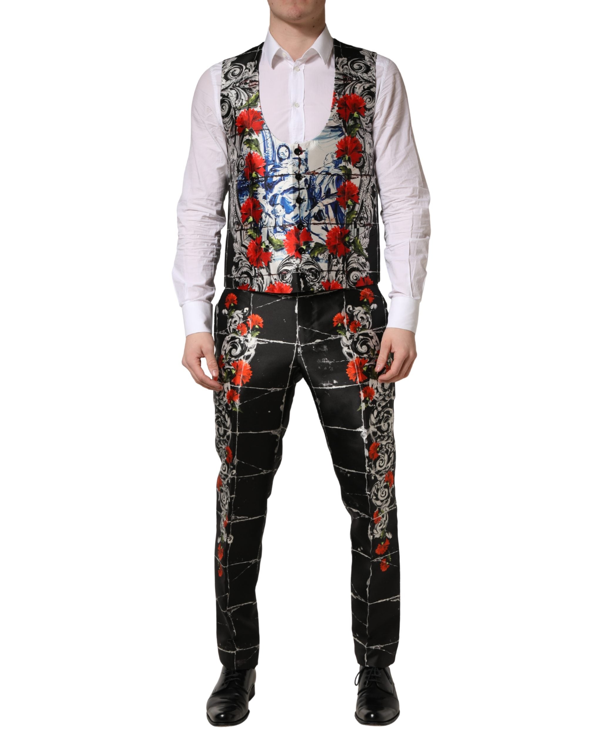 Costume trois pièces noir floral Dolce & Gabbana avec deux boutons formel pour homme, élégant et sophistiqué.