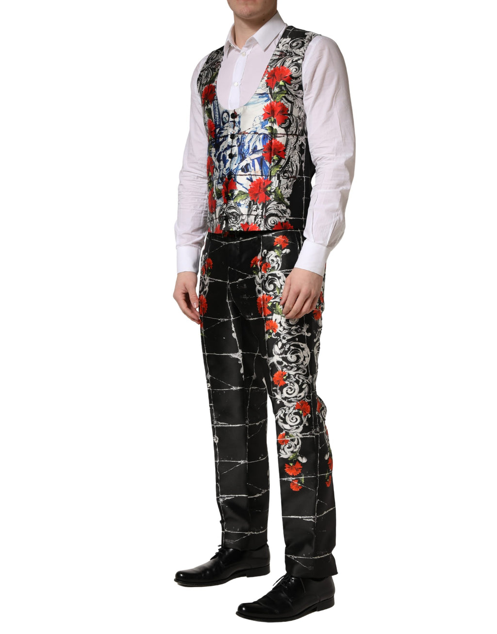 Costume formel à 3 pièces Dolce & Gabbana noir avec motifs floraux et 2 boutons, vue de l'ensemble du costume.