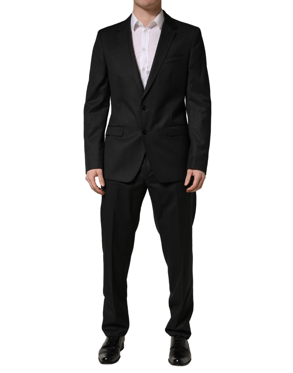 Costume homme Dolce & Gabbana en laine noire à deux boutons, costume formel deux pièces, veste et pantalon élégants.