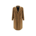 Manteau en laine marron de Saint Laurent, coupe élégante, porté sur un mannequin, détails sophistiqués et finition soignée.