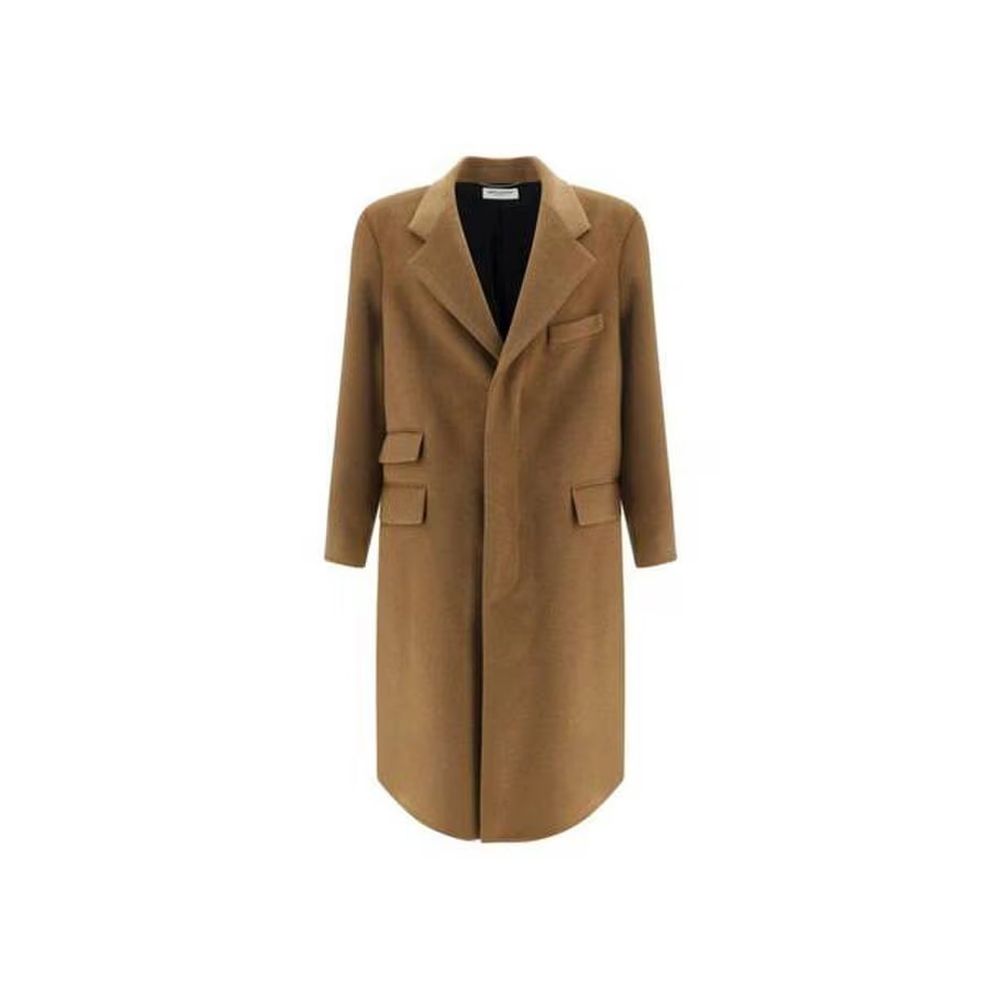 Manteau en laine marron de Saint Laurent, coupe élégante, porté sur un mannequin, détails sophistiqués et finition soignée.