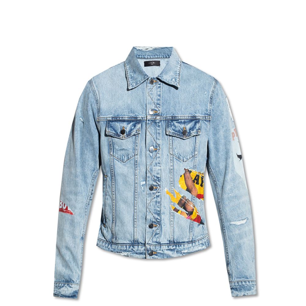 Veste en denim coton bleu Amiri, style décontracté avec détails modernes, vue de face sur mannequin.