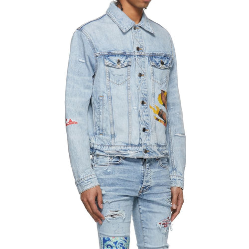 Veste en denim en coton bleu de la marque Amiri, coupe classique avec détails tendance et boutons sur le devant.