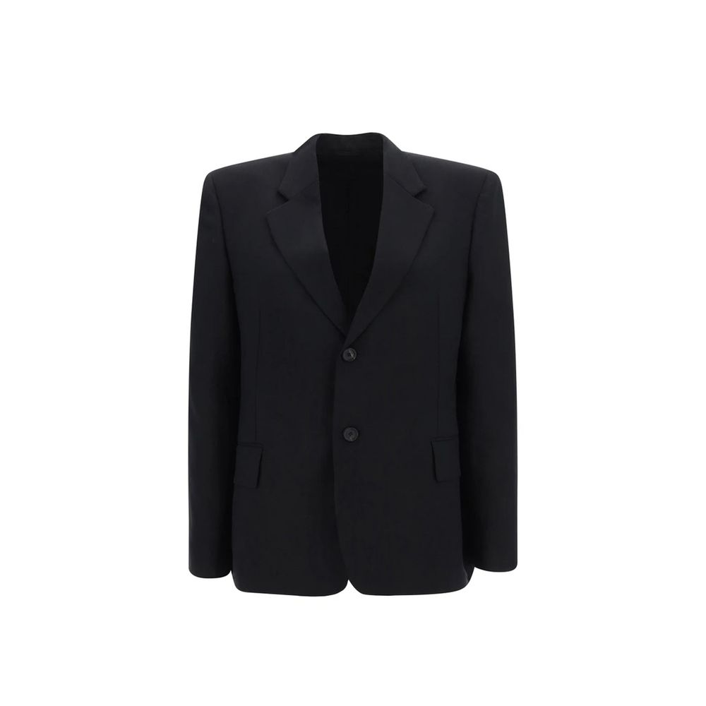 Veste longue en laine noire Balenciaga, design élégant et moderne, visible avec col et manches longues, vue de face.