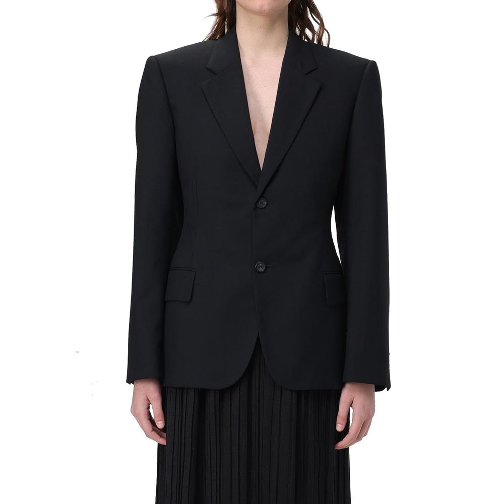 Veste longue en laine noire de Balenciaga, élégante et sophistiquée, avec col et manches longues.