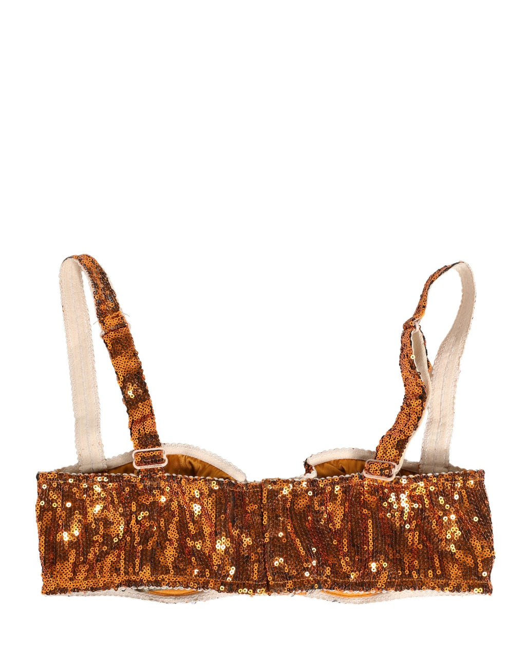 Soutien-gorge balconnet Dolce & Gabbana doré à sequins, lingerie élégante avec bonnets en dentelle et détails brillants.