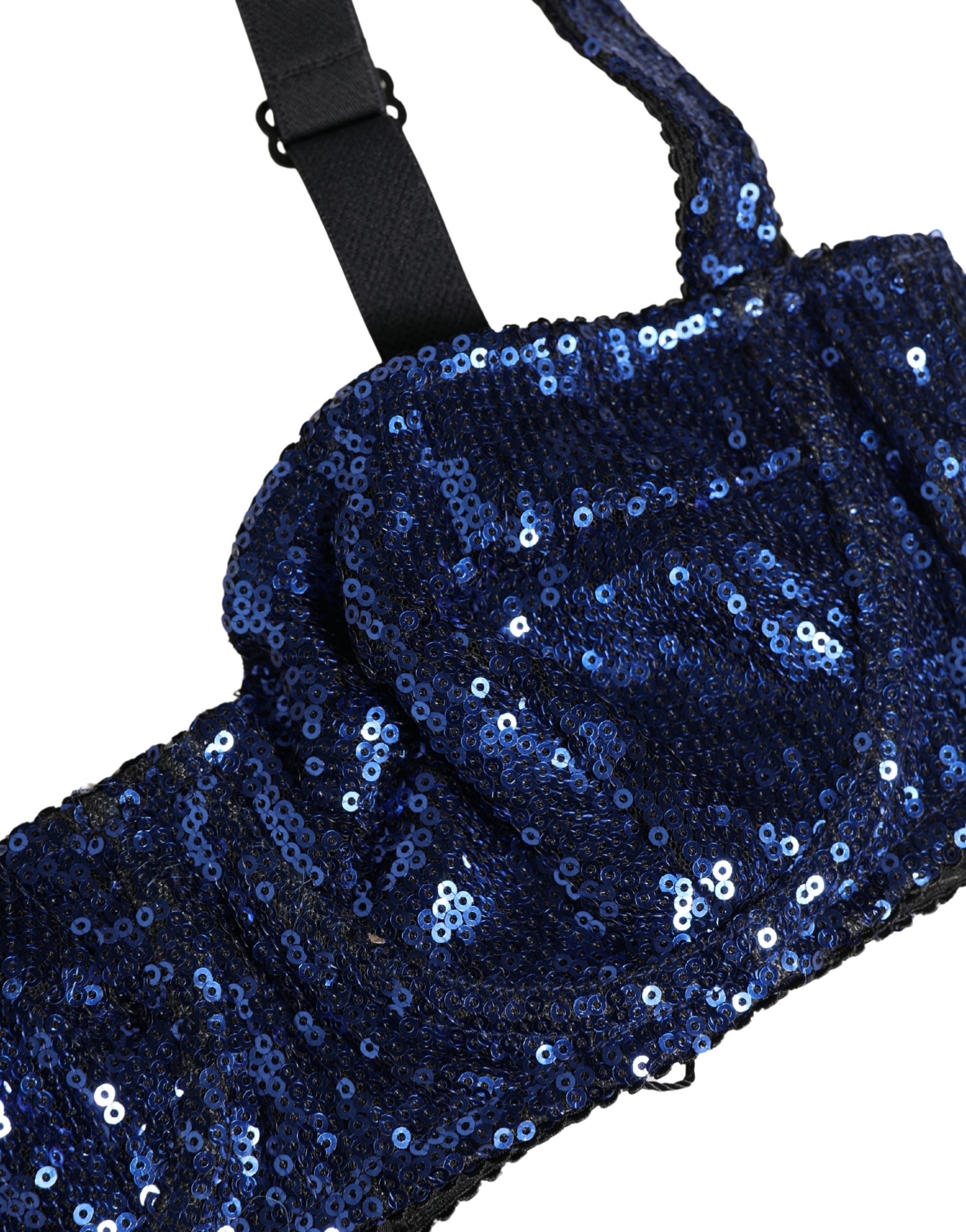 Soutien-gorge balconnet Dolce & Gabbana bleu à sequins, lingerie élégante et raffinée, vue de face avec détails scintillants